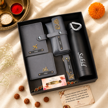 Load image into Gallery viewer, Personalized Wallet, Passport Holder, Eyewear Case, Keychain & Bottle Combo with Custom Name Rudraksha Rakhi | Premium Gift Set for Brother
