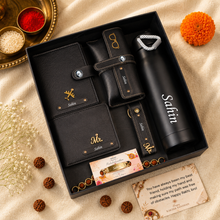 Load image into Gallery viewer, Personalized Wallet, Passport Holder, Eyewear Case, Keychain & Bottle Combo with Custom Name Rudraksha Rakhi | Premium Gift Set for Brother