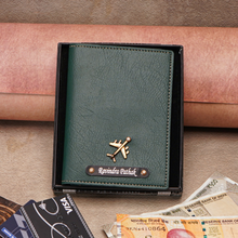Load image into Gallery viewer, Personalized His & Her Passport Cover Combo with Stylish Charm & Engraved Name on Black Plate