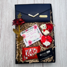 Load image into Gallery viewer, Personalised Women's Clutch, Teddy Bear, Flower, Chocolate and Greeting card  (5 in 1 Combo) Special Gift Combo for Birthday and Anniversary