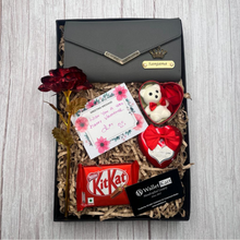 Load image into Gallery viewer, Personalised Women's Clutch, Teddy Bear, Flower, Chocolate and Greeting card  (5 in 1 Combo) Special Gift Combo for Birthday and Anniversary