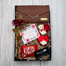 Load image into Gallery viewer, Personalised Women's Clutch, Teddy Bear, Flower, Chocolate and Greeting card  (5 in 1 Combo) Special Gift Combo for Birthday and Anniversary