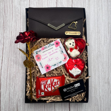 Load image into Gallery viewer, Personalised Women's Clutch, Teddy Bear, Flower, Chocolate and Greeting card  (5 in 1 Combo) Special Gift Combo for Birthday and Anniversary