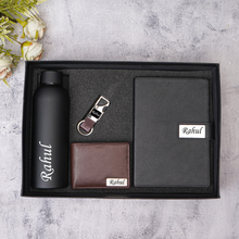 Load image into Gallery viewer, Personalized Genuine Leather Name Men's Wallet, Metal Keychain, Diary and H2GO Bottle | Customised (4 in 1) Gift Combo (STYLE ID #21)
