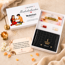 Load image into Gallery viewer, Personalized Croco Texture Leather Wallet with Personalized Rakhi Gift Set | Premium Gift Box with Roli & Chawal | Raksha Bandhan Gift for Brother