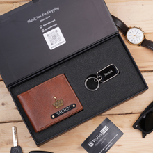 Load image into Gallery viewer, Personalised Leather Name Men's Wallet and Metal Keychain | Best Customised Gift Combo for Boyfriend Friend Husband Father & Son