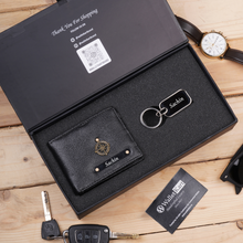 Load image into Gallery viewer, Personalised Leather Name Men's Wallet and Metal Keychain | Best Customised Gift Combo for Boyfriend Friend Husband Father & Son