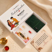 Load image into Gallery viewer, Personalized Genuine Crunch Leather Wallet with Custom Name Golden Chain Rakhi | Premium Raksha Bandhan Gift Box with Roli & Chawal for Brother