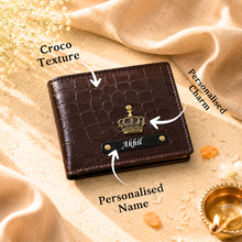 Load image into Gallery viewer, Personalized Croco Texture Leather Wallet with Personalized Rakhi Gift Set | Premium Gift Box with Roli & Chawal | Raksha Bandhan Gift for Brother