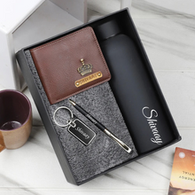 Load image into Gallery viewer, Premium Customized 4 in 1 Combo – Leather Wallet Pen Metal Keychain And Bottle