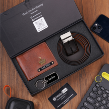 Load image into Gallery viewer, Personalized Leather Name Men's Wallet Keychain and Belt With Name and Charm | Best Customized (3 in 1Gift Combo) for Boyfriend Friend Husband Father & Son on Birthday and Anniversary