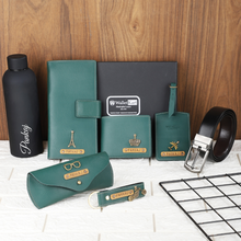 Load image into Gallery viewer, Best Personalized Leather Combo – Wallet Keychain Eyewear Luggage Tag Travel Wallet Belt and H2GO Bottle