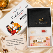 Load image into Gallery viewer, Personalized Executive Leather Wallet with Custom Name Rudraksha Rakhi | Premium Gift Box with Roli & Chawal | Raksha Bandhan Gift for Brother