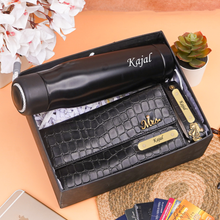 Load image into Gallery viewer, Personalized Gift Combo for Women with Custom Name | Croco Texture Clutch, Personalized Bottle & Keychain with Golden Name Plate | Premium Gift Set for Her