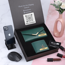 Load image into Gallery viewer, Personalized Leather Men's Wallet & Women's Clutch Combo | Custom Gift Set for Couples with Name & Charm