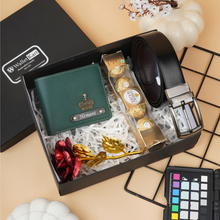 Load image into Gallery viewer, Special 4-in-1 Men’s Gift Combo – Personalized Men's Wallet, Belt, Flower and Chocolate