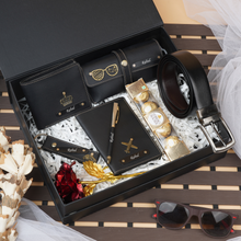 Load image into Gallery viewer, Romantic 8-in-1 Men’s Valentine’s Gift Set – Personalized Wallet, Belt, Keychain, Pen, Flower & Chocolate