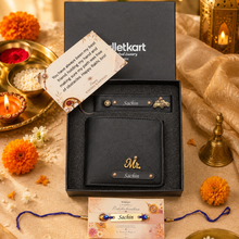 Load image into Gallery viewer, Raksha Bandhan Special: Custom Leather Wallet, Keychain & Evil Eye Rakhi for Your Brother