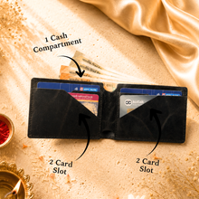 Load image into Gallery viewer, Personalized Genuine Crunch Leather Wallet with Custom Name Golden Chain Rakhi | Premium Raksha Bandhan Gift Box with Roli & Chawal for Brother