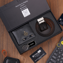 Load image into Gallery viewer, Personalized Leather Name Men's Wallet Keychain and Belt With Name and Charm | Best Customized (3 in 1Gift Combo) for Boyfriend Friend Husband Father & Son on Birthday and Anniversary