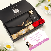 Load image into Gallery viewer, Personalised Gift Set for Women | Clutch with Name & Charm, Perfume & Chocolates Combo | Customized Premium Gift for Her