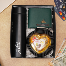 Load image into Gallery viewer, Premium 4-in-1 Birthday Gift Combo for Men Either Boyfriend / Husband – Wallet, Belt, Temperature Bottle & Chocolate