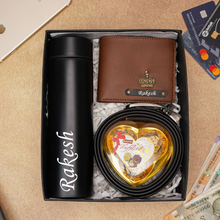Load image into Gallery viewer, Premium 4-in-1 Birthday Gift Combo for Men Either Boyfriend / Husband – Wallet, Belt, Temperature Bottle & Chocolate