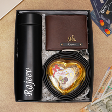 Load image into Gallery viewer, Premium 4-in-1 Birthday Gift Combo for Men Either Boyfriend / Husband – Wallet, Belt, Temperature Bottle & Chocolate