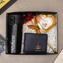 Load image into Gallery viewer, Premium Birthday / Anniversary Gift Combo for Men – Personalised Travelling Coffee Mug, Leather Name Wallet & Chocolate Surprise