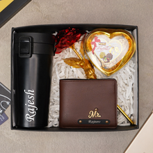 Load image into Gallery viewer, Premium Birthday / Anniversary Gift Combo for Men – Personalised Travelling Coffee Mug, Leather Name Wallet & Chocolate Surprise