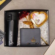 Load image into Gallery viewer, Premium Birthday / Anniversary Gift Combo for Men – Personalised Travelling Coffee Mug, Leather Name Wallet & Chocolate Surprise