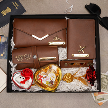 Load image into Gallery viewer, Romantic 7-in-1 Gift Box for Girlfriend / Wife – Personalised Clutch, Passport Cover & Cute Teddy with Chocolates & Rose