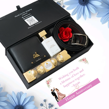 Load image into Gallery viewer, Anniversary Gentleman’s Edition for Boyfriend & Husband – Personalised Leather Men’s Wallet with Name & Charm, Belt, Perfume & Chocolates