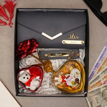 Load image into Gallery viewer, Romantic 5-in-1 Gift Box for Girlfriend – Personalized Clutch, Keychain, Teddy Bear, Rose & Chocolates