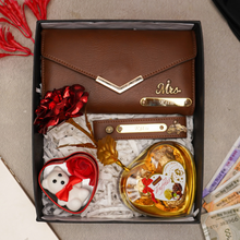 Load image into Gallery viewer, Romantic 5-in-1 Gift Box for Girlfriend – Personalized Clutch, Keychain, Teddy Bear, Rose & Chocolates