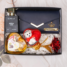 Load image into Gallery viewer, Romantic 5-in-1 Gift Box for Girlfriend / Wife – Give Personalized Clutch, Perfume, Teddy Bear, Rose & Chocolates on Birthday & Anniversary