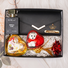 Load image into Gallery viewer, Romantic 5-in-1 Gift Box for Girlfriend / Wife – Give Personalized Clutch, Perfume, Teddy Bear, Rose & Chocolates on Birthday & Anniversary
