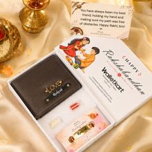 Load image into Gallery viewer, Personalized Executive Leather Wallet with Custom Name Rudraksha Rakhi | Premium Gift Box with Roli & Chawal | Raksha Bandhan Gift for Brother
