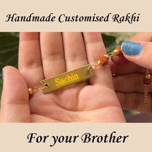 Load image into Gallery viewer, Stylish Rakhi Combo for Men – Name-Engraved Leather Set with Modern Charm