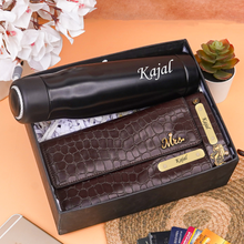 Load image into Gallery viewer, Personalized Gift Combo for Women with Custom Name | Croco Texture Clutch, Personalized Bottle & Keychain with Golden Name Plate | Premium Gift Set for Her