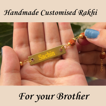Load image into Gallery viewer, Spiritual & Stylish: Name Engraved Rudraksh Rakhi (1.0)