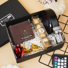 Load image into Gallery viewer, Special 4-in-1 Men’s Gift Combo – Personalized Men's Wallet, Belt, Flower and Chocolate