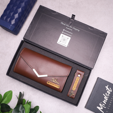 Load image into Gallery viewer, Customized Clutch & Keychain Combo | Custom Gift Box for Girlfriend | Engraved Leather Wallet for Her | Personalized Wallet Gift Set