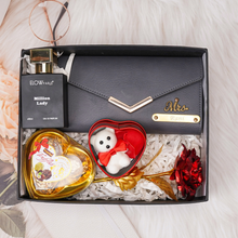 Load image into Gallery viewer, Romantic 5-in-1 Gift Box for Girlfriend / Wife – Give Personalized Clutch, Perfume, Teddy Bear, Rose & Chocolates on Birthday & Anniversary