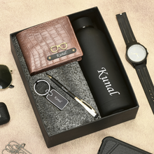 Load image into Gallery viewer, Personalised Men's Wallet with name & charm, Keychain Pen & Bottle 4 in 1 Gift Combo for Boyfriend, Friend, Husband