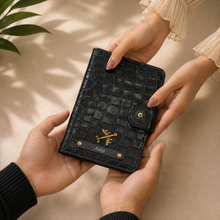 Load image into Gallery viewer, Personalized Passport Holder with Name for Men & Women | Custom Name Travel Wallet with Black Plate & Charm | Textured Passport Cover with Card Slots & Secure Snap Closure