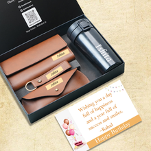 Load image into Gallery viewer, Personalised Birthday Gift Set for Women | Clutch, Coffee Travel Mug, Eyewear Case & Keychain Combo