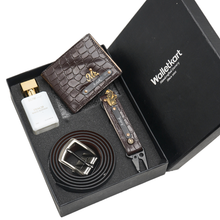 Load image into Gallery viewer, Personalized Gift Set for Men with Custom Name | Textured Bi-Fold Wallet, Adjustable Belt, Personalized Keychain & Perfume | Premium 4-in-1 Accessories Gift Box Combo for Men