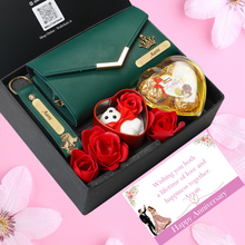 Load image into Gallery viewer, Personalised Romantic Gift Set for Women | Clutch, Keychain with Name & Charm Teddy & Chocolates Combo