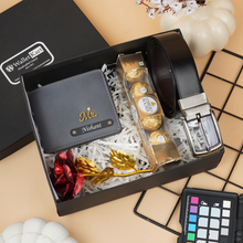 Load image into Gallery viewer, Special 4-in-1 Men’s Gift Combo – Personalized Men's Wallet, Belt, Flower and Chocolate